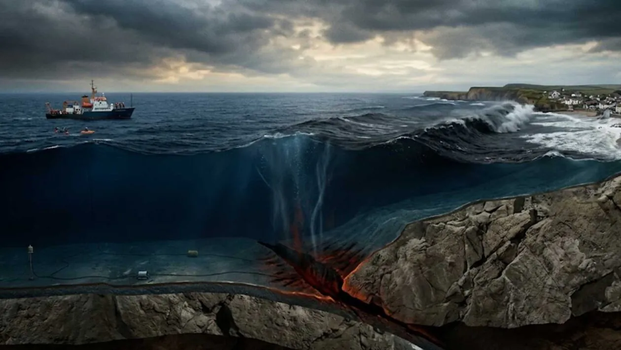 No fundo do oceano, forças invisíveis podem gerar ondas capazes de cruzar continentes. (Imagem: Fala Ciência via Gemini)