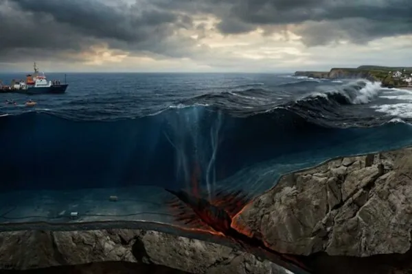 No fundo do oceano, forças invisíveis podem gerar ondas capazes de cruzar continentes. (Imagem: Fala Ciência via Gemini)