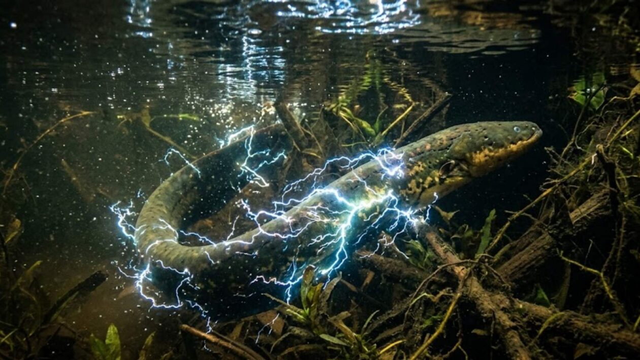 Um peixe capaz de gerar choques elétricos tão fortes que impressionam até humanos (Imagem: Fala Ciência via Gemini)
