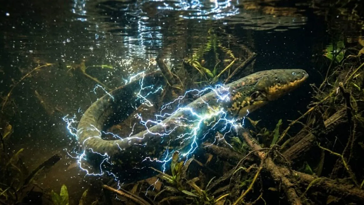 Um peixe capaz de gerar choques elétricos tão fortes que impressionam até humanos (Imagem: Fala Ciência via Gemini)