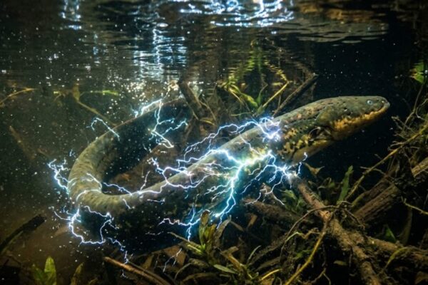 Um peixe capaz de gerar choques elétricos tão fortes que impressionam até humanos (Imagem: Fala Ciência via Gemini)