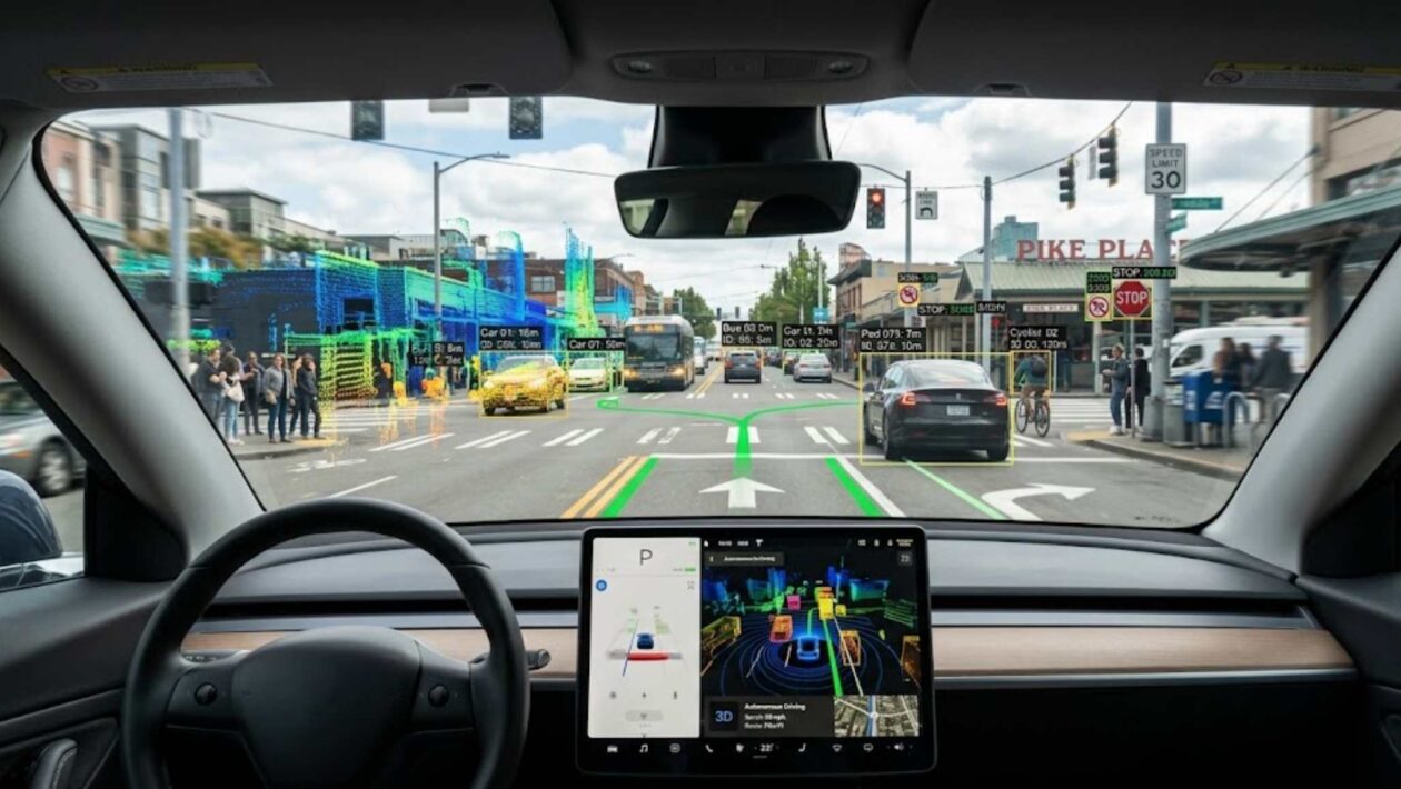 Os carros autônomos não enxergam como humanos, mas analisam tudo ao redor. (Imagem: Fala Ciência via Gemini)