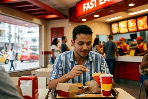Seu cérebro vê vermelho e amarelo. Sua fome percebe antes de você. (Imagem: Fala Ciência via Gemini)