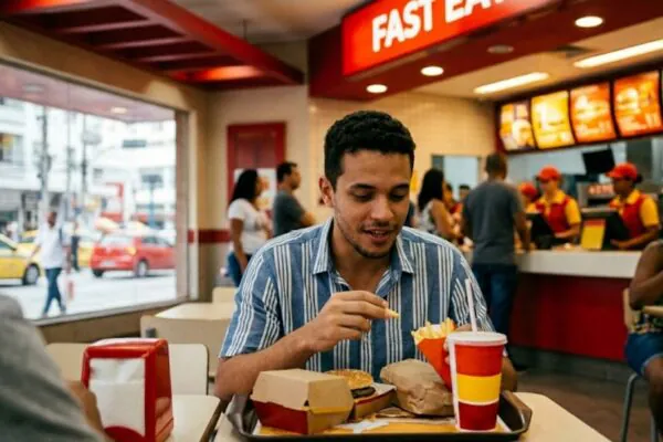 Seu cérebro vê vermelho e amarelo. Sua fome percebe antes de você. (Imagem: Fala Ciência via Gemini)