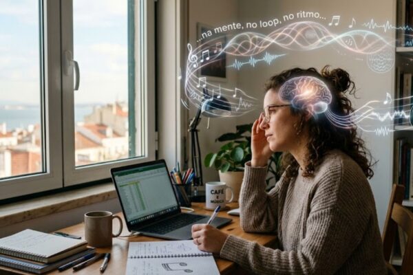 Seu cérebro transforma alguns refrões em loops mentais quase impossíveis de esquecer. (Imagem: Fala Ciência via Gemini)