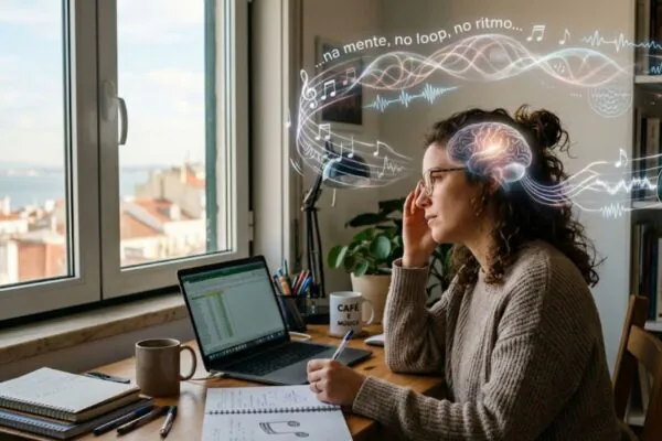 Seu cérebro transforma alguns refrões em loops mentais quase impossíveis de esquecer. (Imagem: Fala Ciência via Gemini)