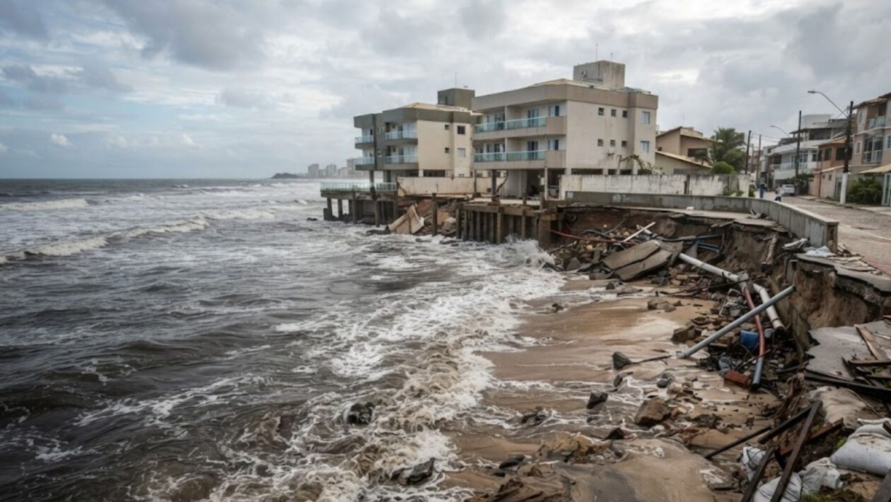 Algumas praias podem mudar completamente em poucos dias. A ciência explica por que isso acontece. (Imagem: Fala Ciência via Gemini)