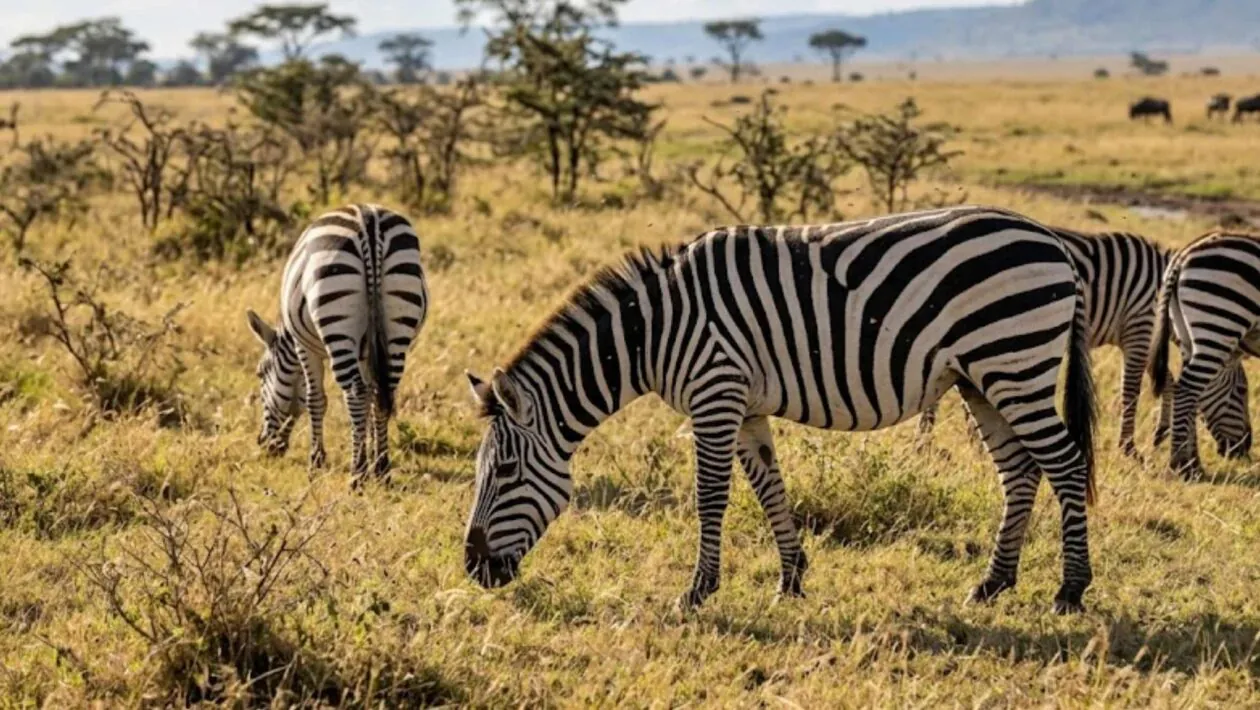 As listras das zebras confundem insetos e aumentam suas chances de sobrevivência na natureza. (Imagem: Fala Ciência via Gemini)