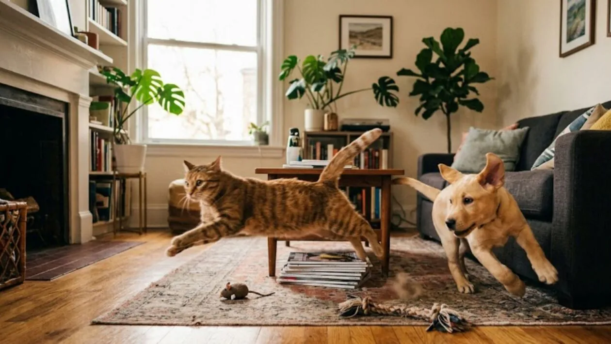 Seu pet dispara pela casa do nada? Esses “zoomies” são uma liberação natural de energia acumulada! (Imagem: Fala Ciência via Gemini)