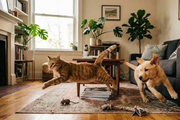Seu pet dispara pela casa do nada? Esses “zoomies” são uma liberação natural de energia acumulada! (Imagem: Fala Ciência via Gemini)