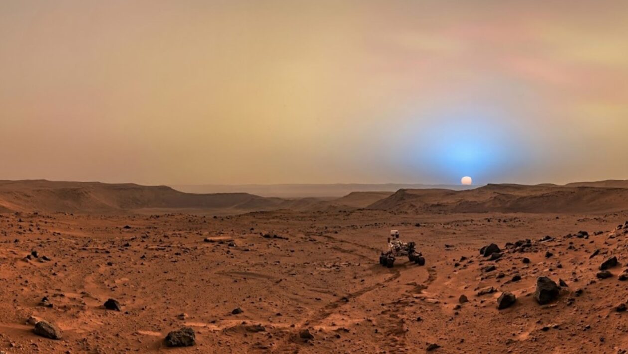 Marte é vermelho visto de longe, mas seu céu guarda uma surpresa incrível. (Imagem: Fala Ciência via Gemini)