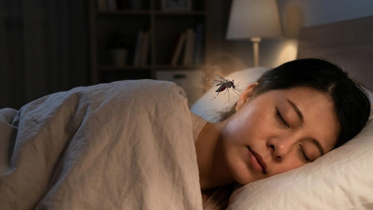 O mosquito não espera você dormir por acaso. Seu corpo entrega sua localização. (Imagem: Fala Ciência via Gemini)