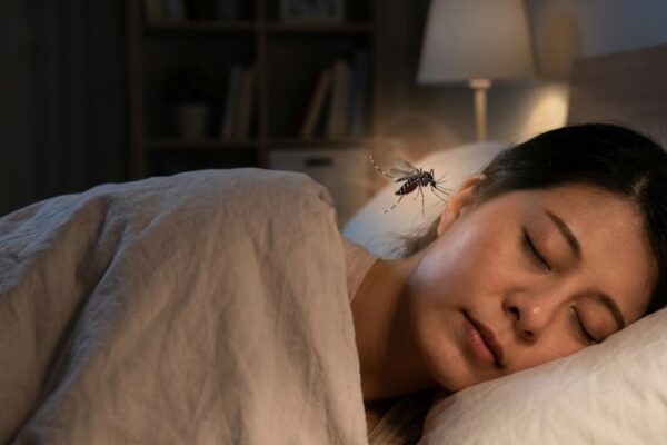 O mosquito não espera você dormir por acaso. Seu corpo entrega sua localização. (Imagem: Fala Ciência via Gemini)