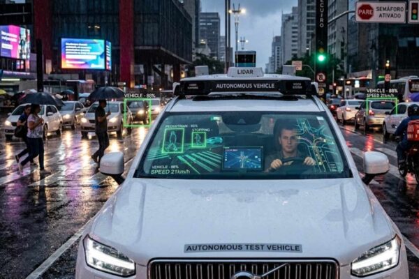 Carros autônomos ainda erram porque o mundo real é mais caótico do que a IA consegue prever. (Imagem: Fala Ciência via Gemini)