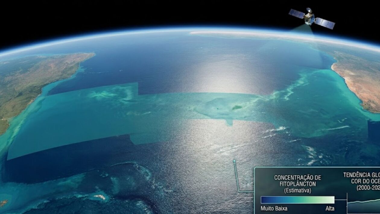 Os oceanos estão mudando de cor. E isso pode revelar mudanças profundas no planeta. (Imagem: Fala Ciência via Gemini)