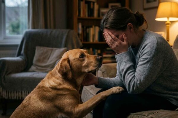 Seu cachorro percebe sua tristeza? A ciência encontrou sinais surpreendentes dessa conexão. (Imagem: Fala Ciência via Gemini)