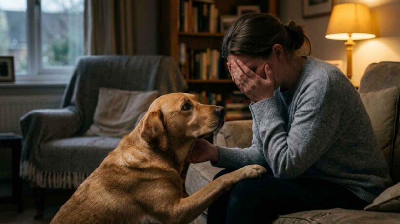 Seu cachorro percebe sua tristeza? A ciência encontrou sinais surpreendentes dessa conexão. (Imagem: Fala Ciência via Gemini)