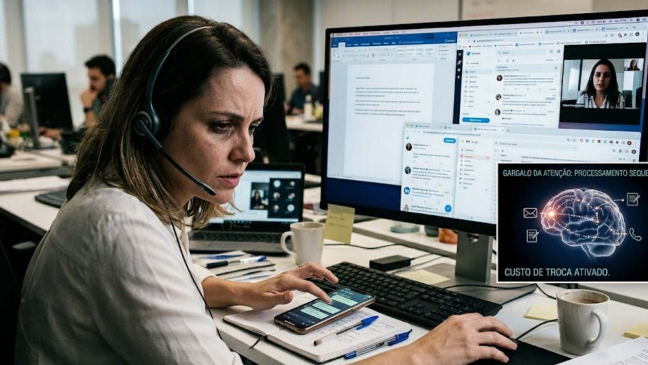 Seu cérebro não faz multitarefa. Ele apenas troca de foco constantemente. (Imagem: Fala Ciência via Gemini)