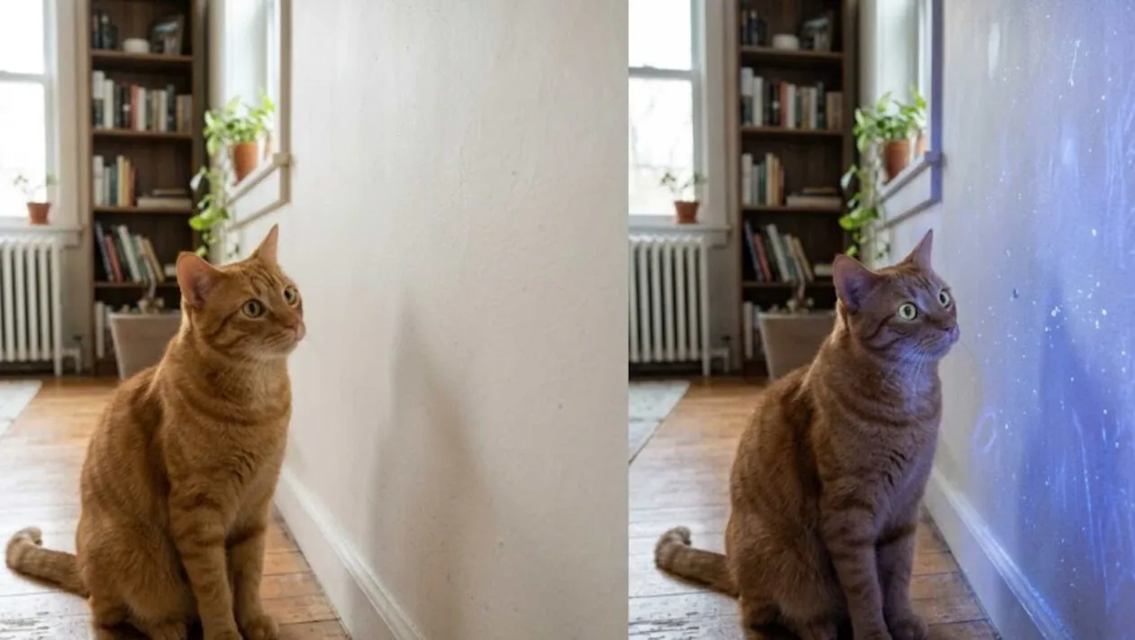 Seu gato pode enxergar detalhes invisíveis para você graças à incrível visão ultravioleta. (Imagem: Fala Ciência via Gemini)