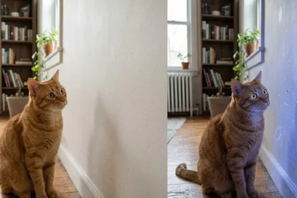 Seu gato pode enxergar detalhes invisíveis para você graças à incrível visão ultravioleta. (Imagem: Fala Ciência via Gemini)