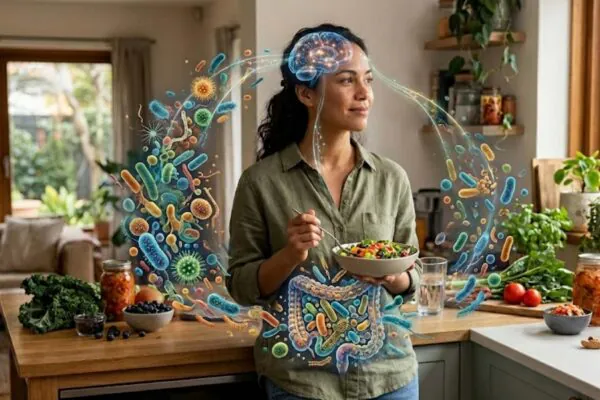 Seu humor pode estar sendo influenciado por trilhões de microrganismos invisíveis. (Imagem: Fala Ciência via Gemini)