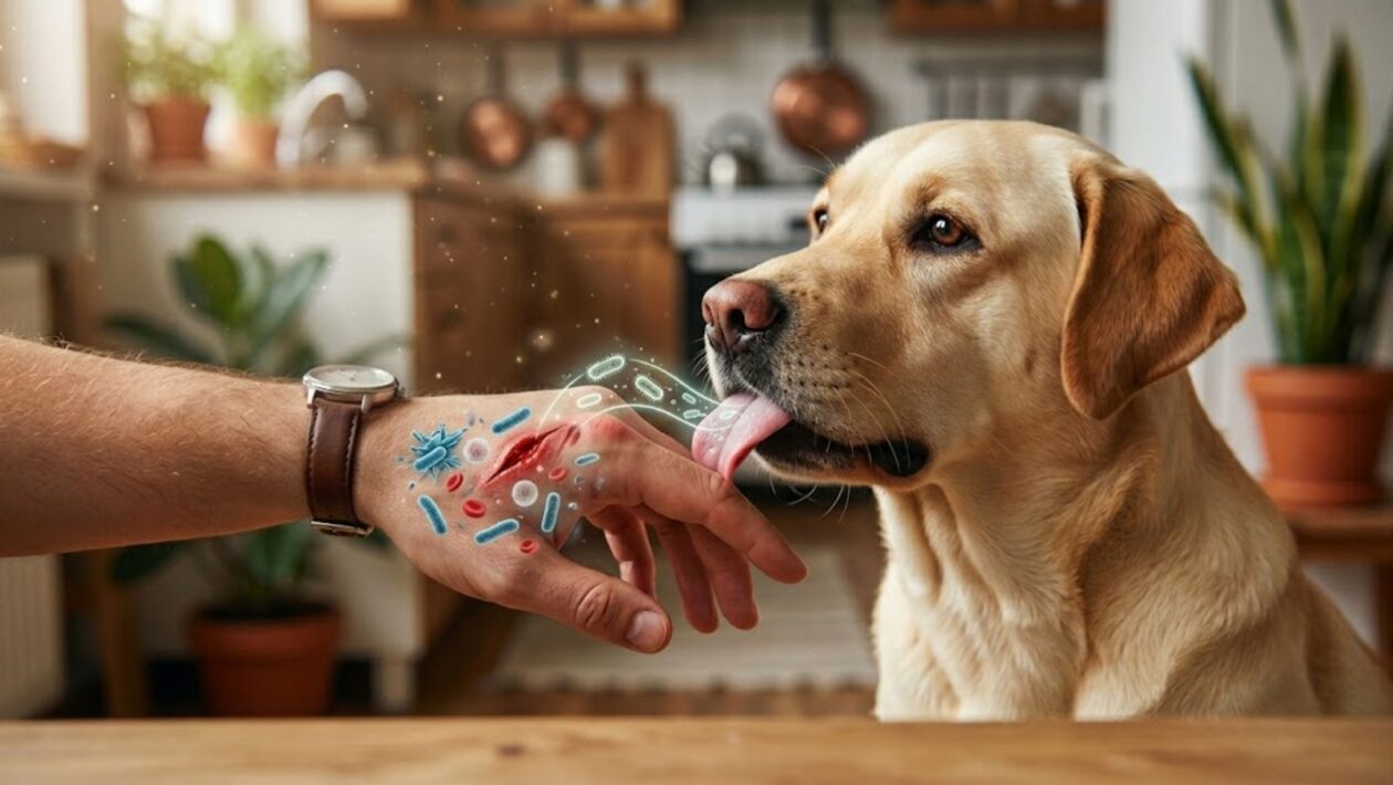A saliva canina pode conter bactérias oportunistas. (Foto: Fala Ciência via Gemini)