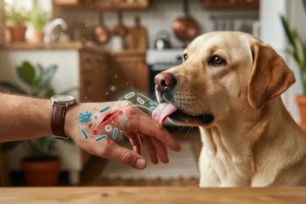 A saliva canina pode conter bactérias oportunistas. (Foto: Fala Ciência via Gemini)