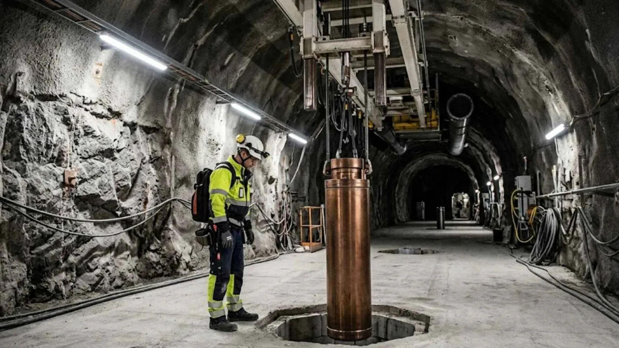 Finlândia constrói cemitério nuclear capaz de armazenar resíduos radioativos por 100 mil anos. (Imagem: Fala Ciência via Gemini)