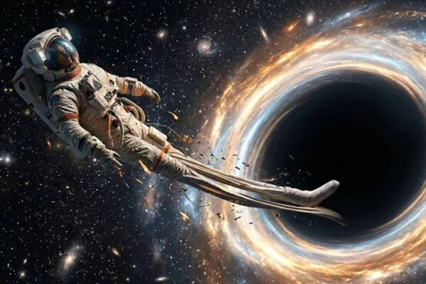 Cair em um buraco negro teria um destino mais estranho que a ficção. (Imagem: Fala Ciência via Gemini)