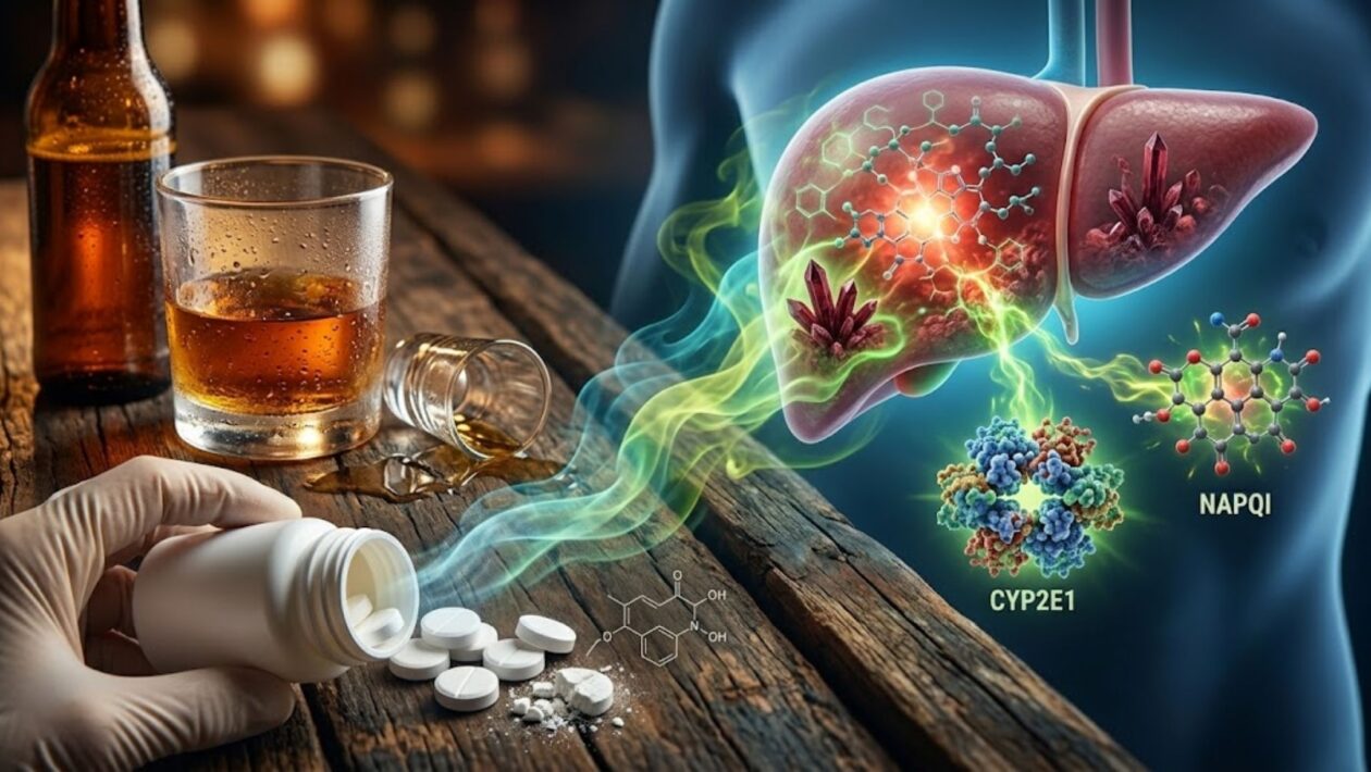 Misturar paracetamol e álcool pode causar grave sobrecarga ao fígado. (Foto: Fala Ciência via Gemini)