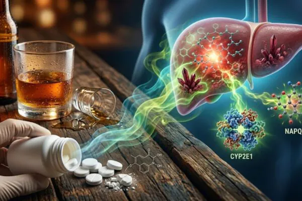 Misturar paracetamol e álcool pode causar grave sobrecarga ao fígado. (Foto: Fala Ciência via Gemini)