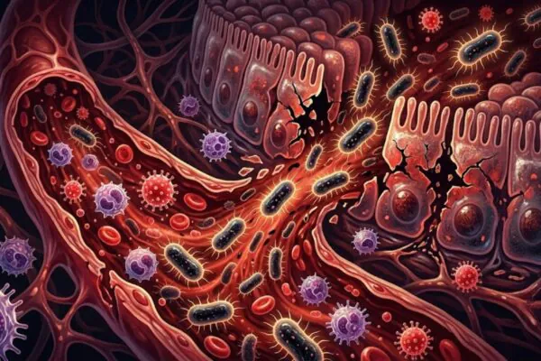 Intestino permeável pode liberar toxinas no sangue. (Foto: Fala Ciência via Gemini)