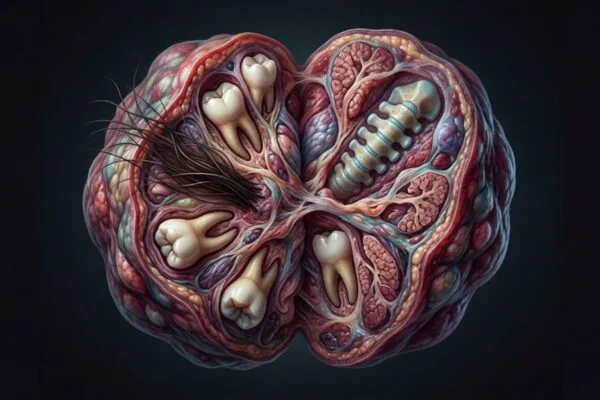 Teratomas podem conter dentes, cabelos e ossos. (Foto: Fala Ciência via Gemini)