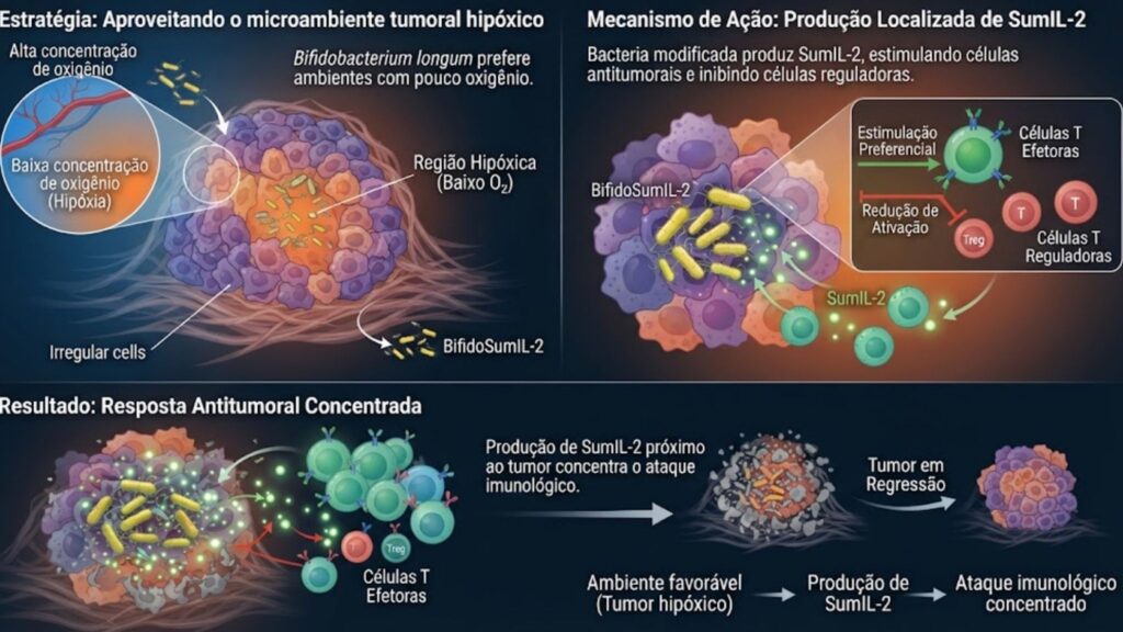 Ilustração científica em três partes mostrando o mecanismo de ação da bactéria Bifidobacterium longum modificada em um tumor hipóxico: no topo esquerdo, a preferência da bactéria por ambientes com baixo oxigênio; no topo direito, a produção local da molécula SumIL-2 estimulando células T efetoras; e na parte inferior, o resultado com o ataque imunológico concentrado e a regressão do tumor.