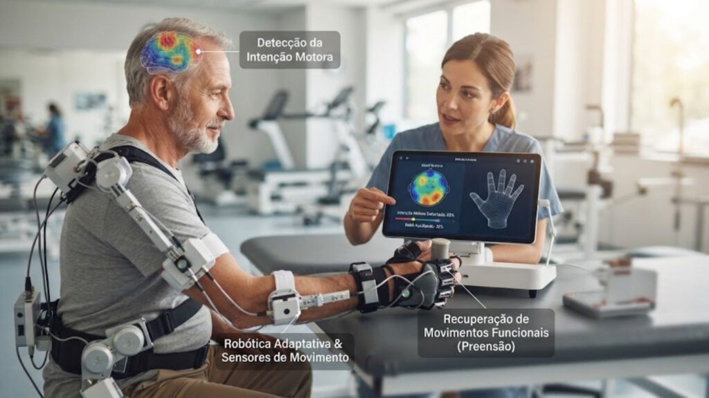 Paciente usando exoesqueleto robótico e sensores enquanto fisioterapeuta acompanha dados em tela digital.