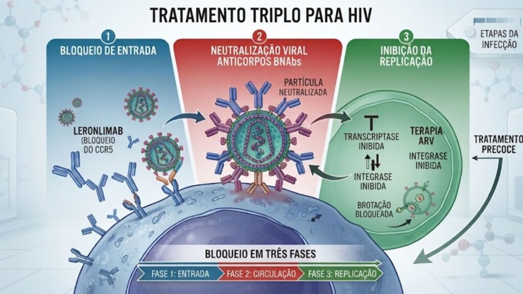 Infografia médica ilustrando o tratamento triplo para HIV com três fases: bloqueio de entrada pelo leronlimab, neutralização viral por anticorpos e inibição da replicação por terapia antirretroviral.